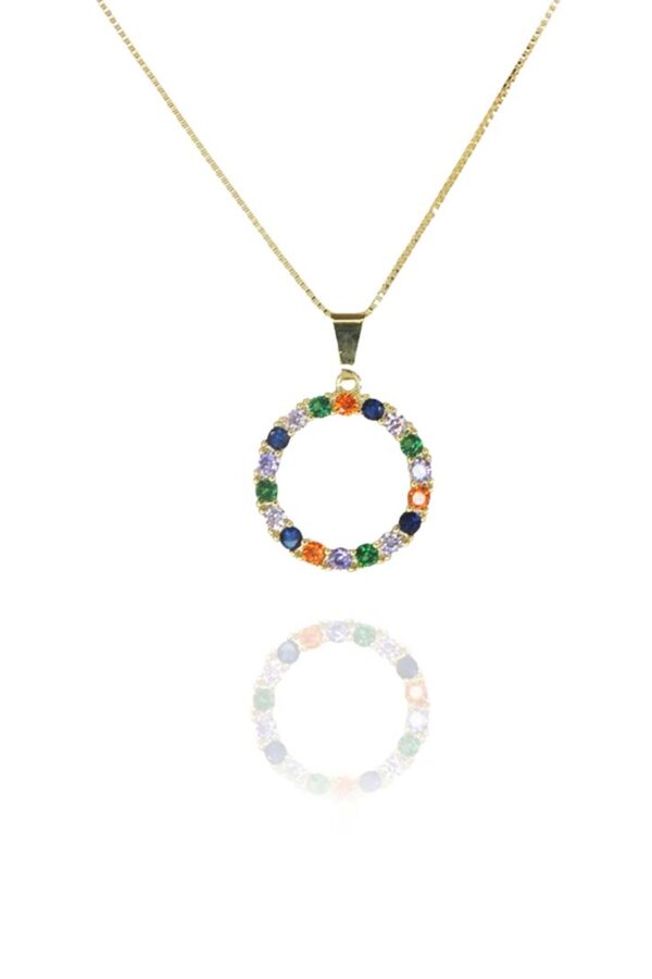 Colar Pingente Circulo De Zircônia Colorida Folheado A Ouro 18k