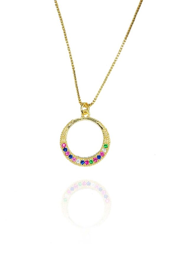 Colar De Circulo Com Metade Em Zircônia Colorida Folheado A Ouro 18k