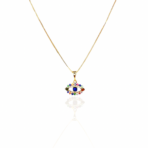 Colar Pingente Olho Grego Com Zircônia Multicolor Folheado  Em Ouro 18k