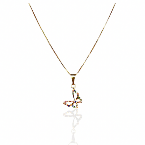 Colar Pingente Borboleta Com Zircônia Colorida Folheado Em Ouro 18k