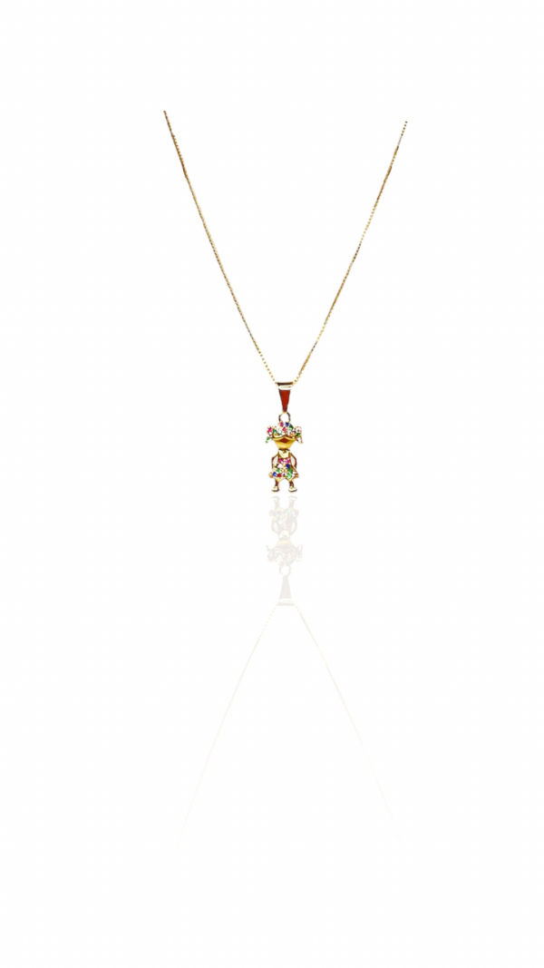 Colar Pingente Menina Com Zircônia Colorida Folheado Em Ouro 18k